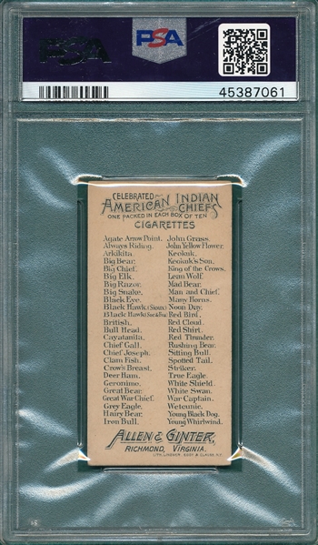 1888 N2 Rushing Bear, American Indian Chiefs, Allen & Ginter Cigarettes PSA 4