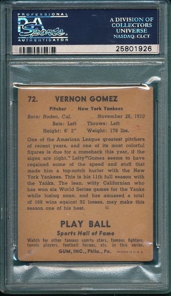 1941 Play Ball #72 Lefty Gomez PSA Authentic *Signed*