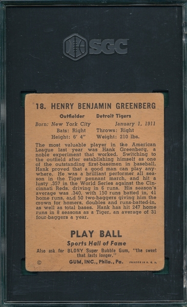 1941 Play Ball #18 Hank Greenberg SGC 2
