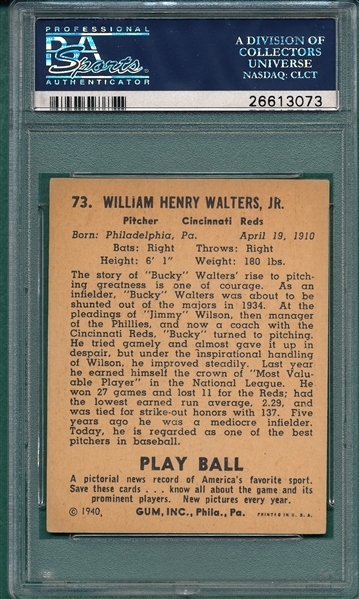 1940 Play Ball #73 Bucky Walters PSA 4.5