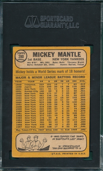 1968 Topps #280 Mickey Mantle SGC 20
