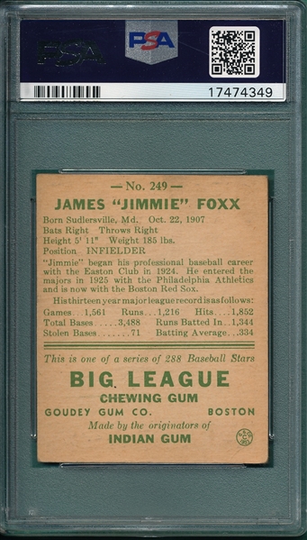 1938 Goudey #249 Jimmy Foxx PSA 4.5