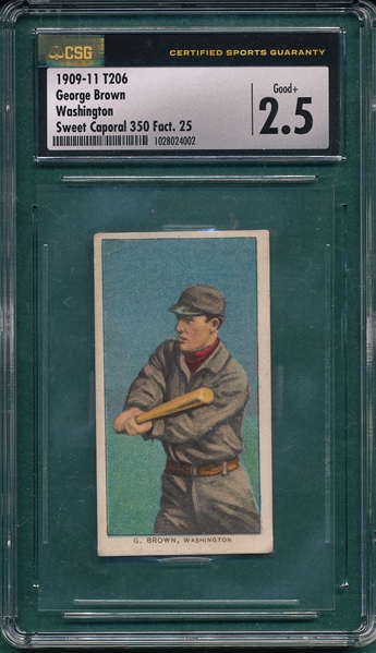 1909-1911 T206 Browne, Washington, Sweet Caporal Cigarettes CSG 2.5