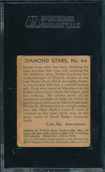 1934-36 Diamond Stars #64 Jimmie Foxx SGC 30