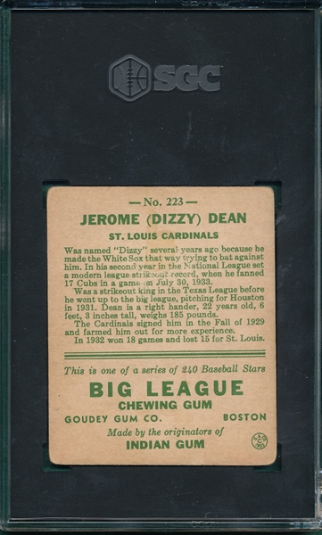 1933 Goudey #223 Dizzy Dean SGC 1.5 *Rookie*