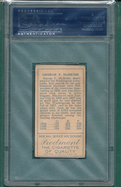 1911 T205 McBride Piedmont Cigarettes PSA 3