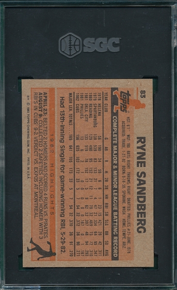 1983 Topps #83 Ryne Sandberg SGC 8.5 *Rookie*