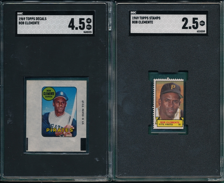 1969 Topps Decals & Stamps, Roberto Clemente, Lot of (2) SGC
