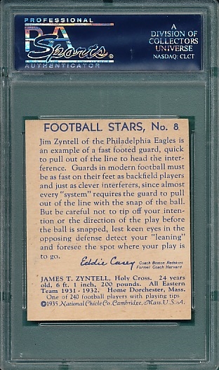 1935 National Chicle Football #8 Jim Zyntell PSA 7