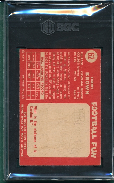 1958 Topps Football #62 Jimmy Brown SGC 4.5 *Rookie*