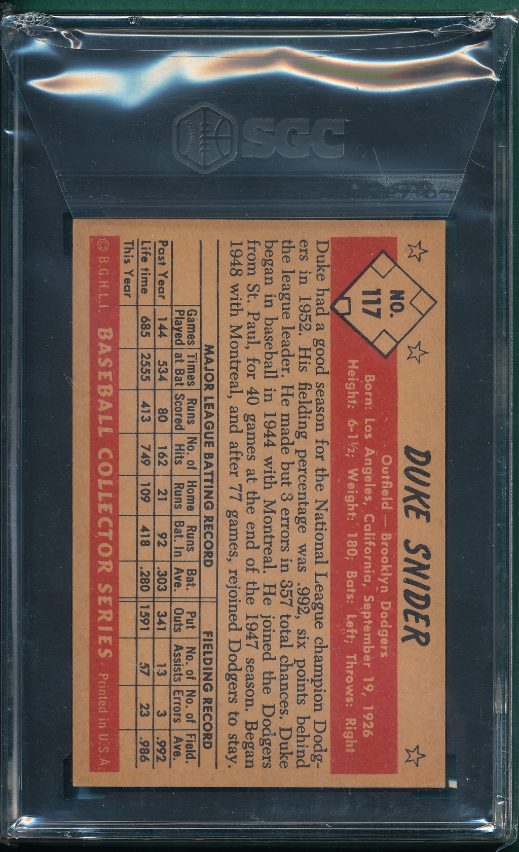 Color Duke Snider Lot Detail - 1953 Bowman Color #117 Duke Snider SGC 4
