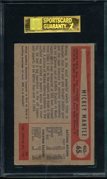 1954 Bowman #65 Mickey Mantle SGC 40