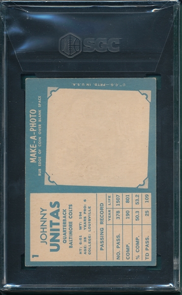 1961 Topps Football #1 Johnny Unitas SGC 4