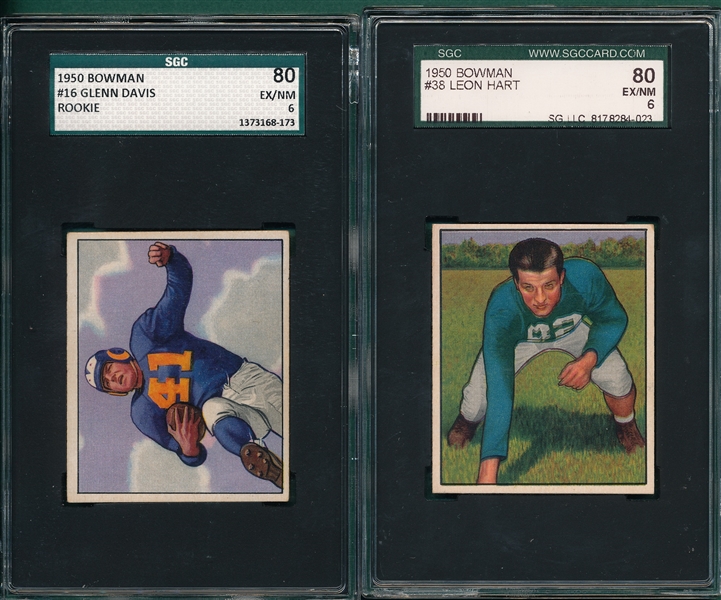 1950 Bowman Football #16 Davis & #38 Hart, Lot of (2) SGC 80