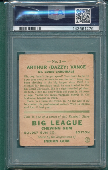 1933 Goudey #002 Dazzy Vance PSA 1