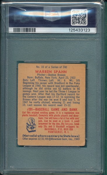 1949 Bowman #33 Warren Spahn PSA 1.5
