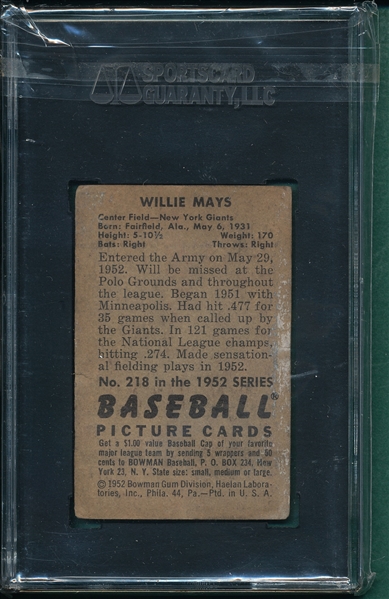 1952 Bowman #218 Willie Mays SGC 1