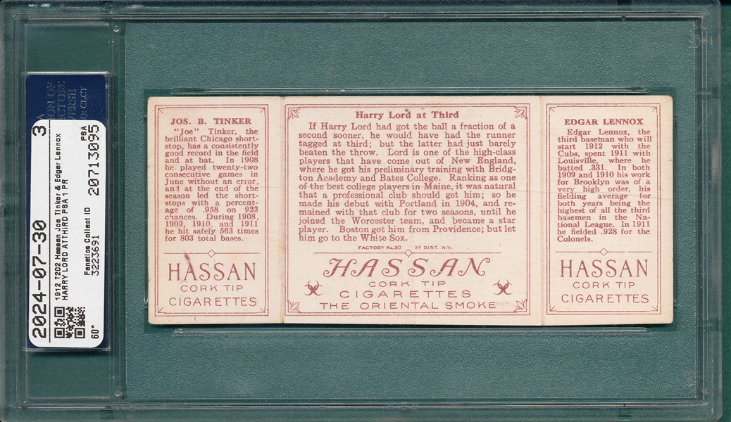 1912 T202 Harry Lord At Third Lennox/Tinker, PSA 1