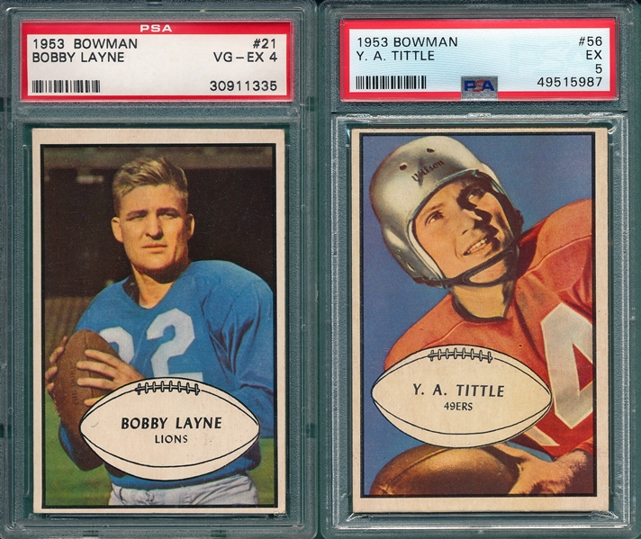 1953 Bowman Football #21 Layne PSA 4 & #56 Tittle, PSA 5, Lot of (2)