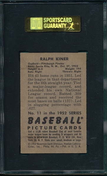 1952 Bowman #011 Ralph Kiner SGC 60