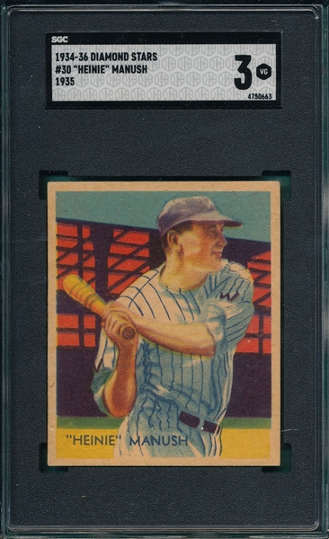 1934-36 Diamond Stars #30 Heinie Manush SGC 3 *"W" On Sleeve*