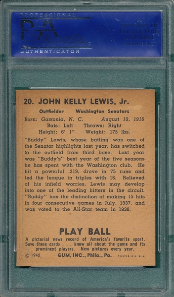 1940 Play Ball #20 Buddy Lewis PSA 7 PSA 7