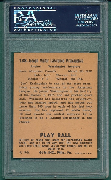 1940 Play Ball #188 Joe Krakauskas PSA 6.5 *Superman*