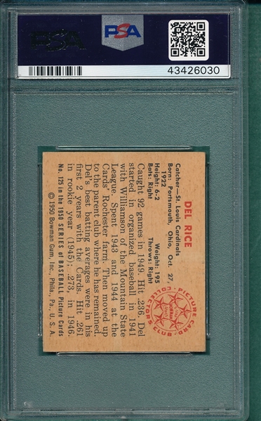 1950 Bowman #125 Del Rice PSA 7