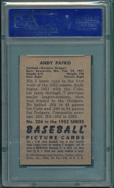 1952 Bowman #204 Andy Pafko PSA 7