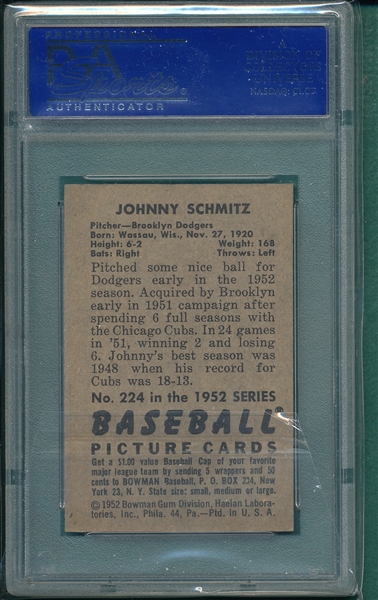 1952 Bowman #224 Johnny Schmitz PSA 7