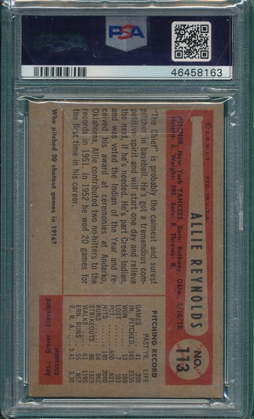 1954 Bowman #113 Allie Reynolds PSA 5