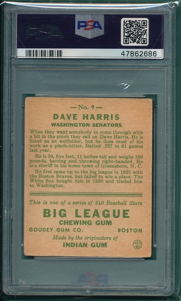 1933 Goudey #009 Dave Harris PSA 3