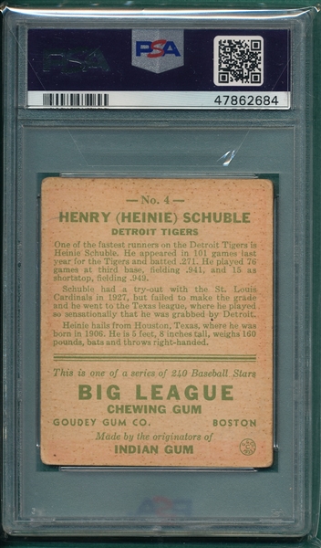 1933 Goudey #004 Heinie Schuble PSA 2.5