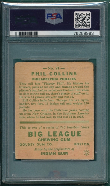 1933 Goudey #021 Phil Collins PSA 2