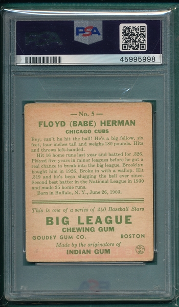 1933 Goudey #005 Babe Herman PSA 2.5