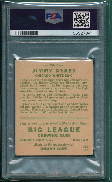 1933 Goudey #006 Jimmy Dykes PSA 2 *Age 36*