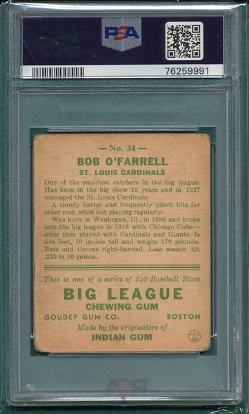 1933 Goudey #34 Bob O'Farrell PSA 2