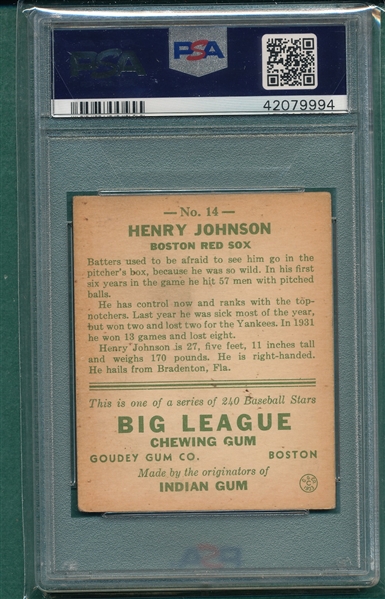 1933 Goudey #014 Henry Johnson PSA 4