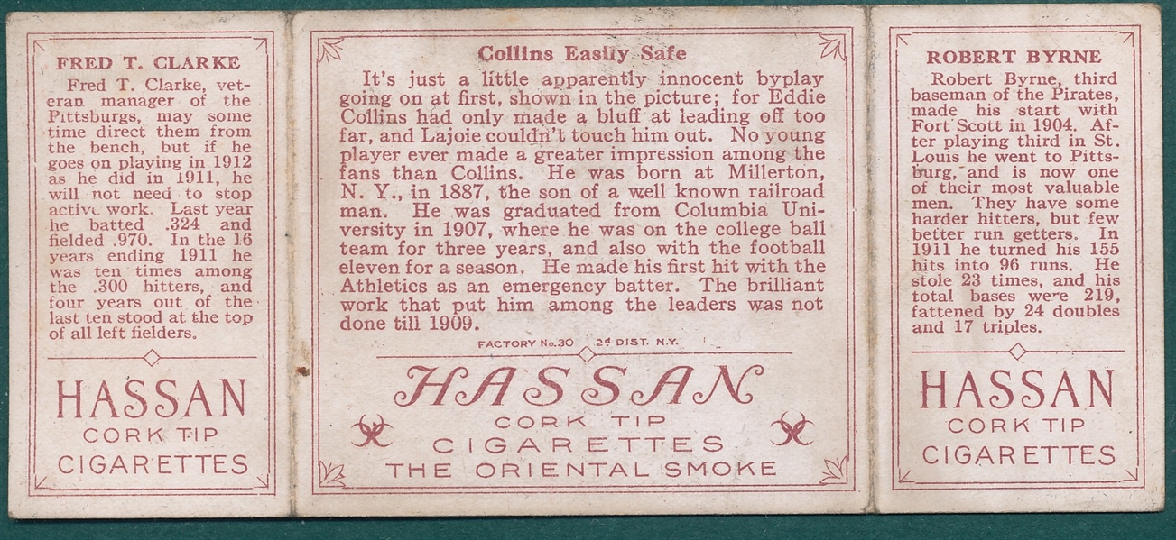 1912 T202 Collins Easily Safe, Byrne/Clark, Hassan Cigarettes