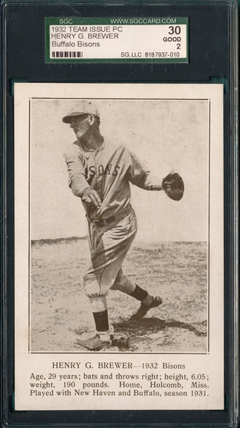 1932 Buffalo Bisons Team Issue PC, Brewer, SGC 30