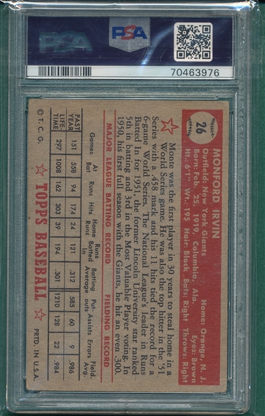 1952 Topps #026 Monty Irvin PSA 2.5