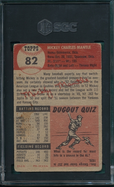 1953 Topps #82 Mickey Mantle SGC 1