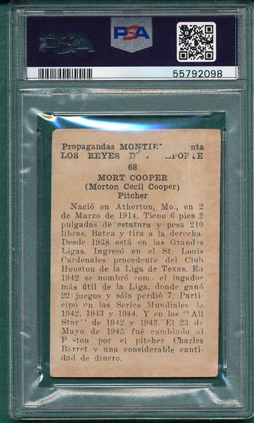 1946 Propagandas Montiel Los Reyes Del Deporte, #68 Mort Cooper PSA 1 (MC)