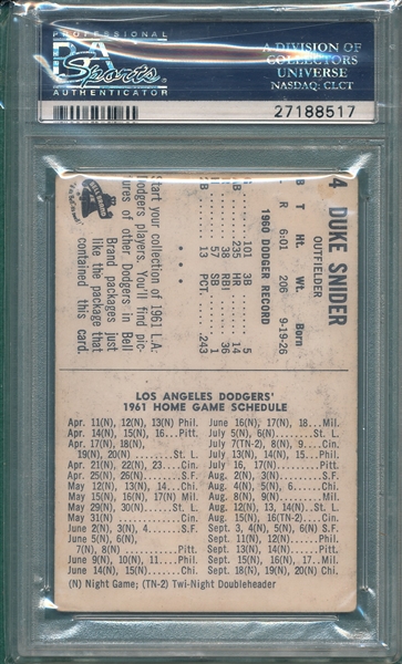 1961 Bell Brand #4 Duke Snider PSA 3