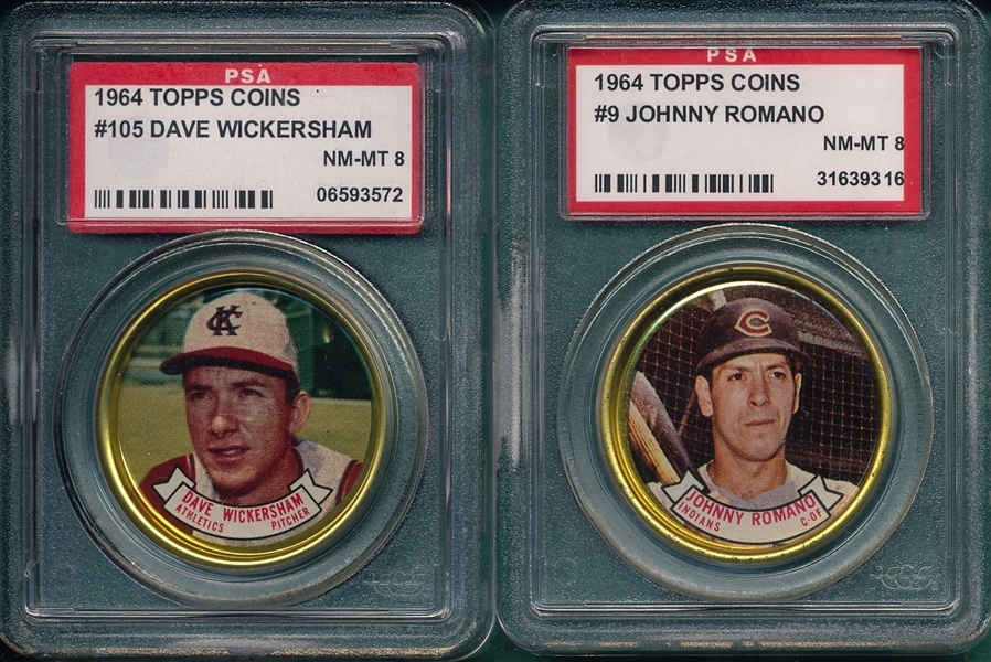 1964 Topps Coins #9 Romano & #105 Wickersham, Lot of (2) PSA 8