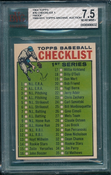 1964 Topps #076 Checklist 1st Series BVG 7.5 *Proof*