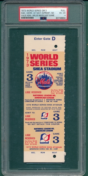 1973 World Series Game 3, Full Ticket, PSA 4 *Proof* *Mays Last Game*