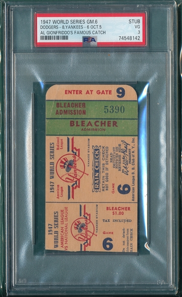 1947 World Series Game 6, Yankees vs. Dodgers, PSA 3