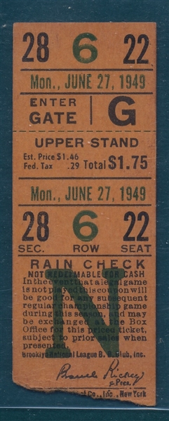 1949 Indians vs. Dodgers, Exhibit Game, Ticket Stub