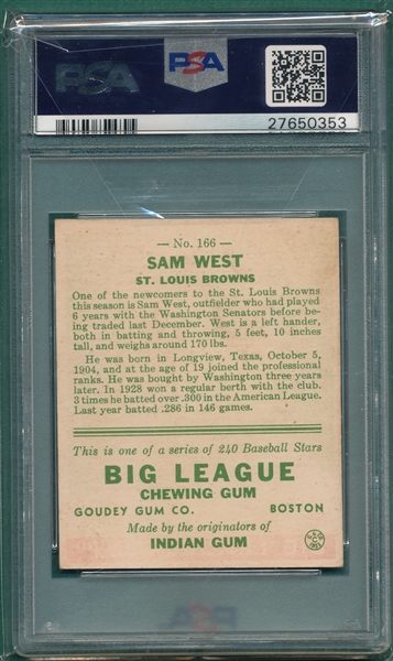 1933 Goudey #166 Sam West PSA 5